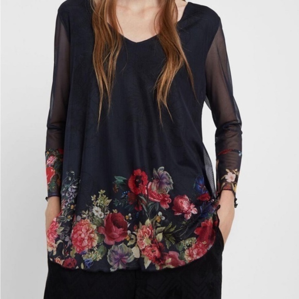 Desigual S floral print mesh blouse‎ rhinestones flutter sleeve v-neck boho top